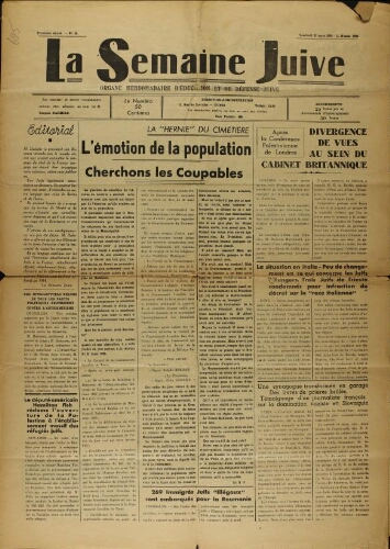 La Semaine Juive : Organe hebdomadaire d'éducation et de défense juive. N° 58 (31 mars 1939)
